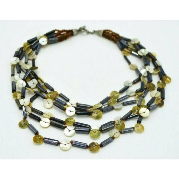 White Abalone Shell Button Black Bead Multi-Strand Necklace Vintage - Picture 1 of 4
